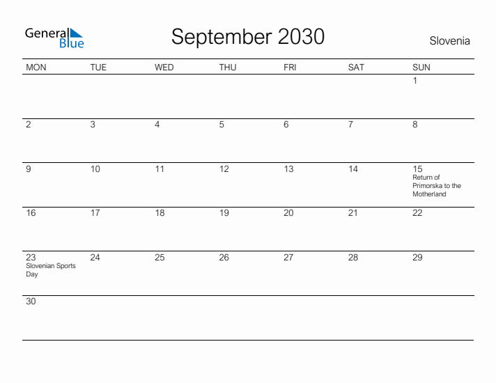 Printable September 2030 Calendar for Slovenia