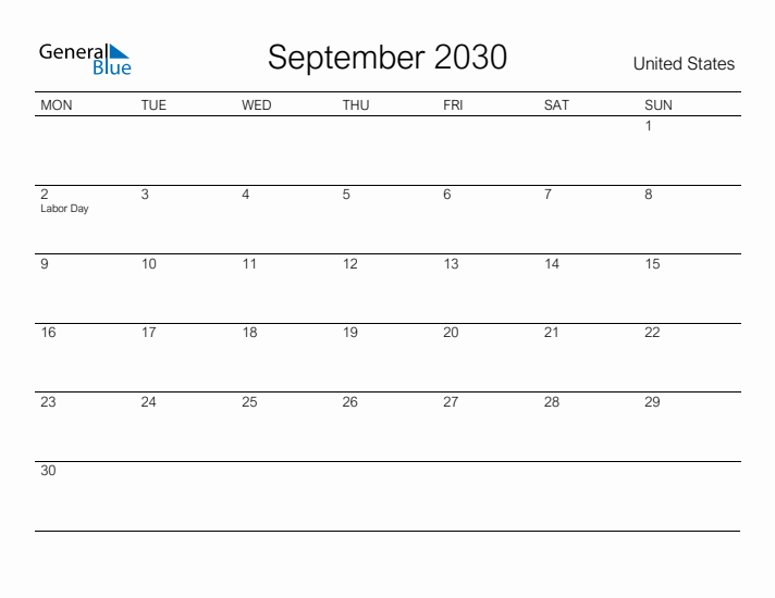 Printable September 2030 Calendar for United States