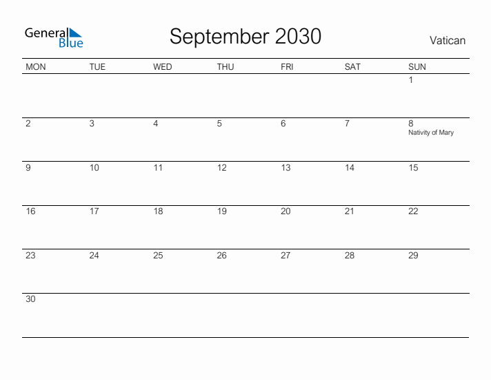 Printable September 2030 Calendar for Vatican