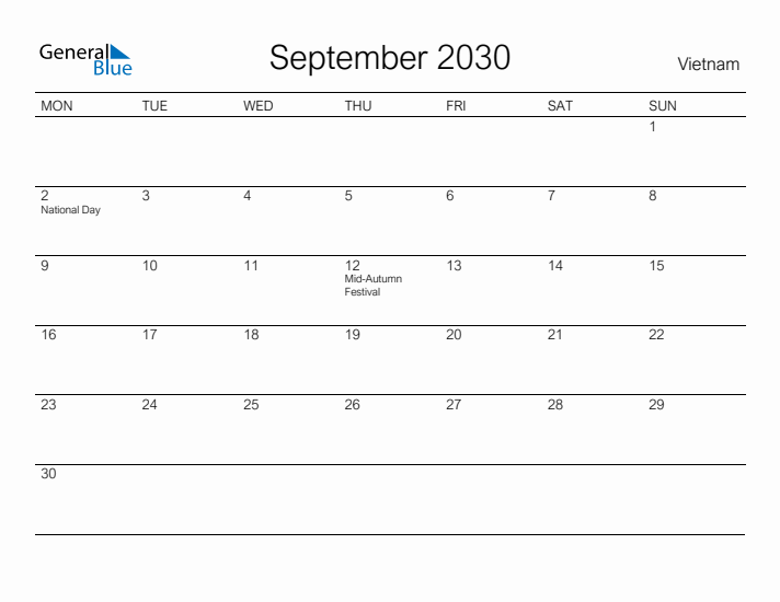 Printable September 2030 Calendar for Vietnam