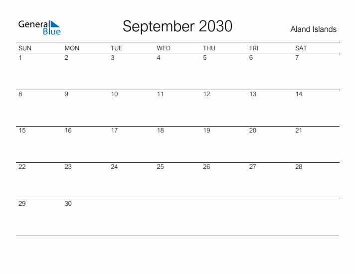 Printable September 2030 Calendar for Aland Islands