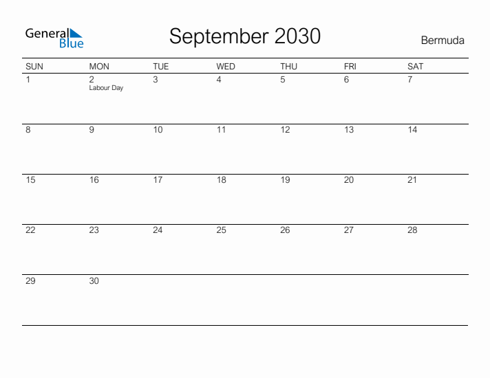 Printable September 2030 Calendar for Bermuda