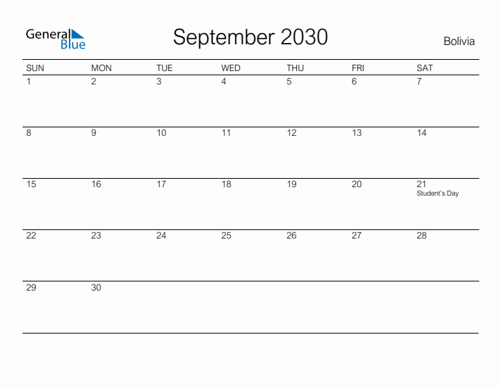 Printable September 2030 Calendar for Bolivia