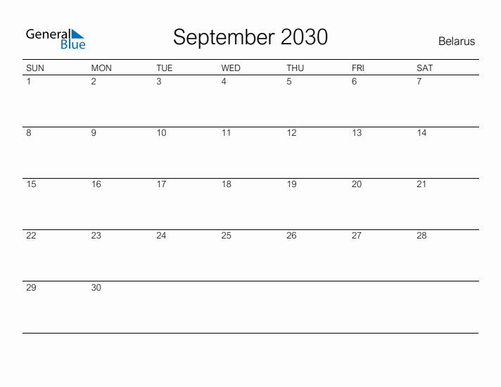 Printable September 2030 Calendar for Belarus