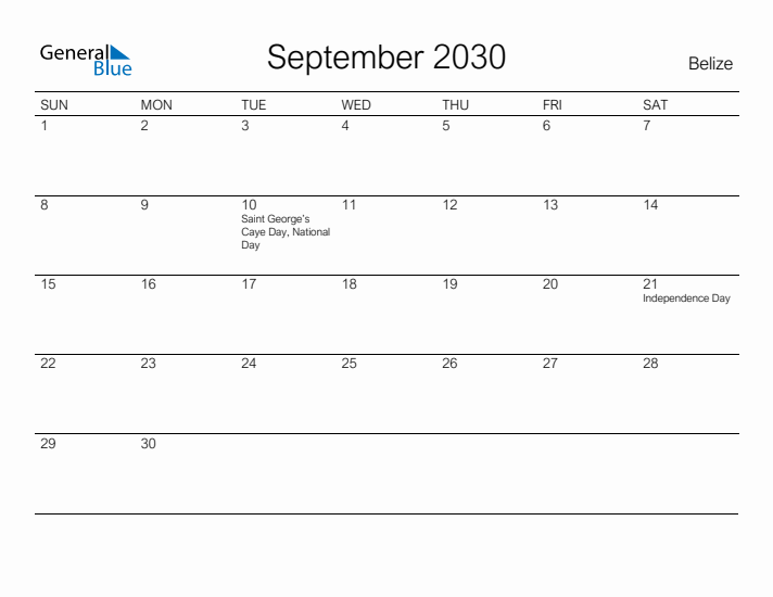Printable September 2030 Calendar for Belize