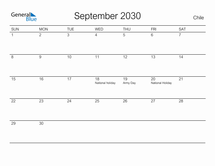 Printable September 2030 Calendar for Chile