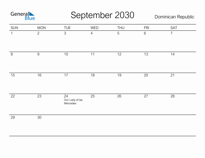 Printable September 2030 Calendar for Dominican Republic
