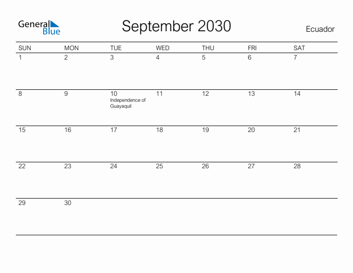 Printable September 2030 Calendar for Ecuador