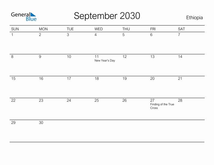 Printable September 2030 Calendar for Ethiopia