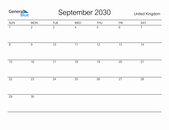 Printable September 2030 Calendar for United Kingdom
