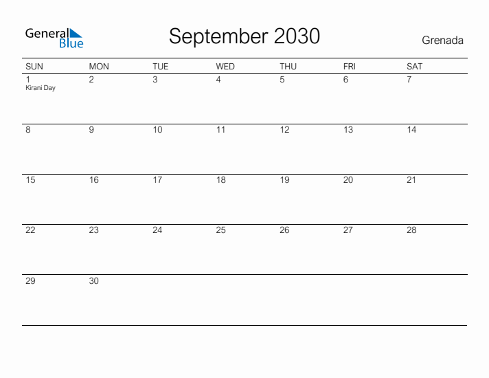Printable September 2030 Calendar for Grenada