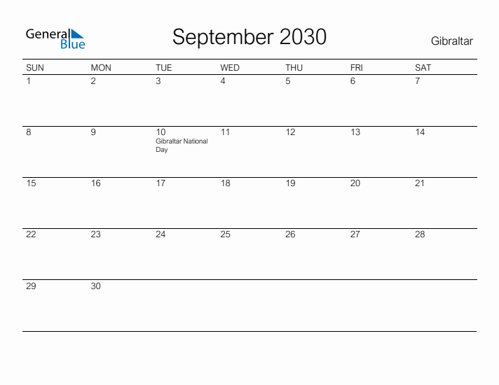 Printable September 2030 Calendar for Gibraltar