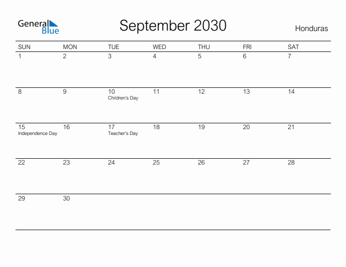 Printable September 2030 Calendar for Honduras