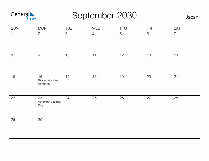 Printable September 2030 Calendar for Japan