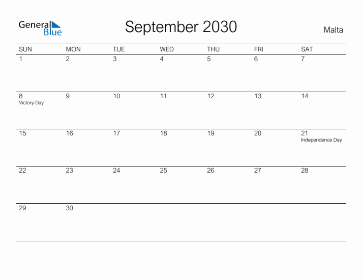 Printable September 2030 Calendar for Malta