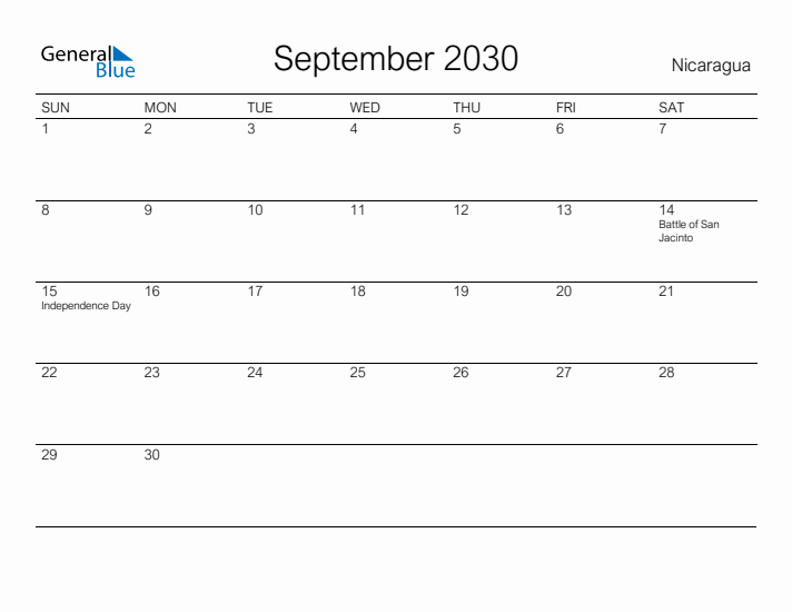 Printable September 2030 Calendar for Nicaragua