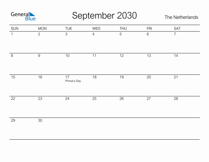 Printable September 2030 Calendar for The Netherlands
