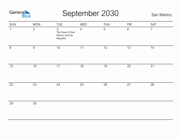 Printable September 2030 Calendar for San Marino