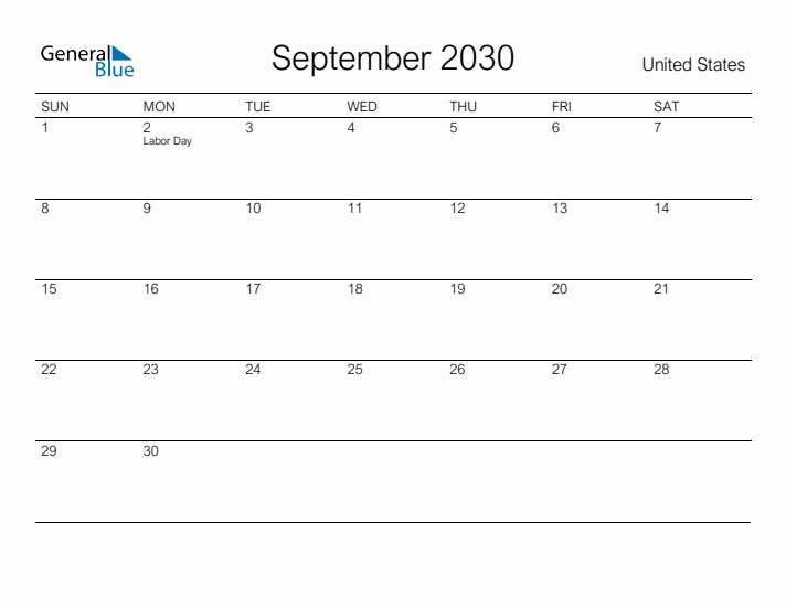 Printable September 2030 Calendar for United States