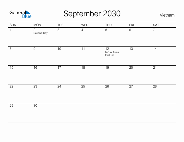 Printable September 2030 Calendar for Vietnam