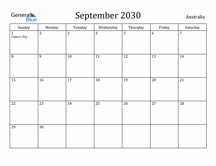 September 2030 Calendar Australia