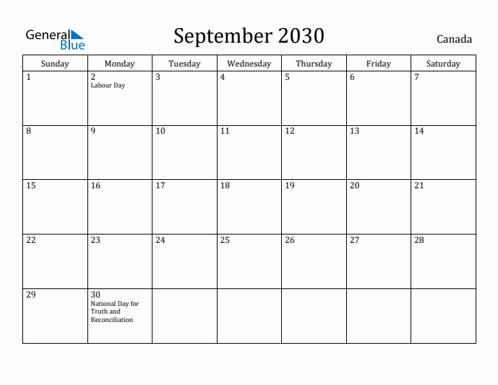 September 2030 Calendar Canada
