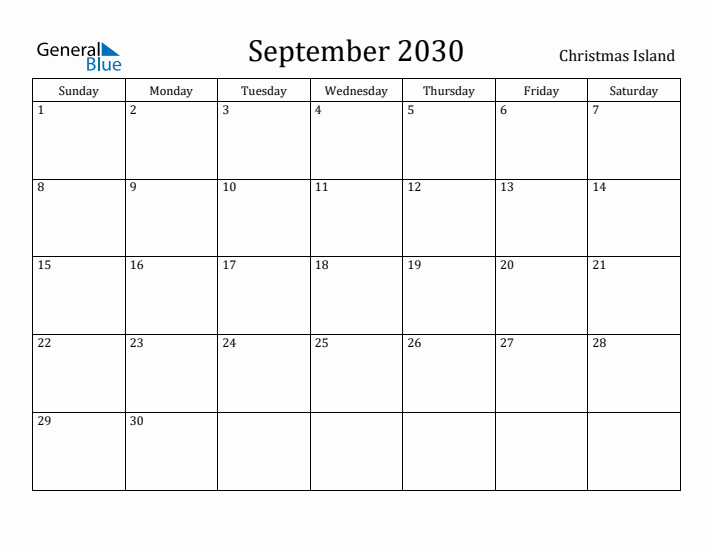 September 2030 Calendar Christmas Island