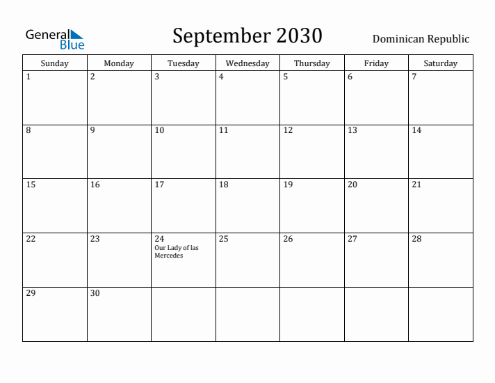 September 2030 Calendar Dominican Republic