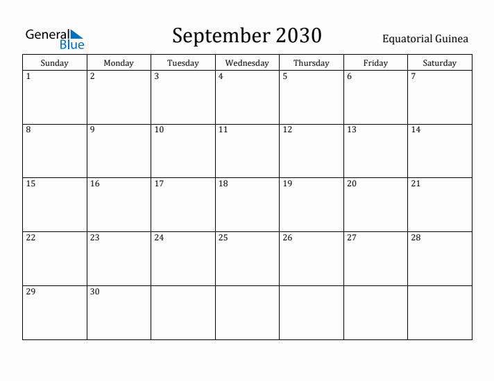 September 2030 Calendar Equatorial Guinea