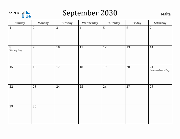 September 2030 Calendar Malta