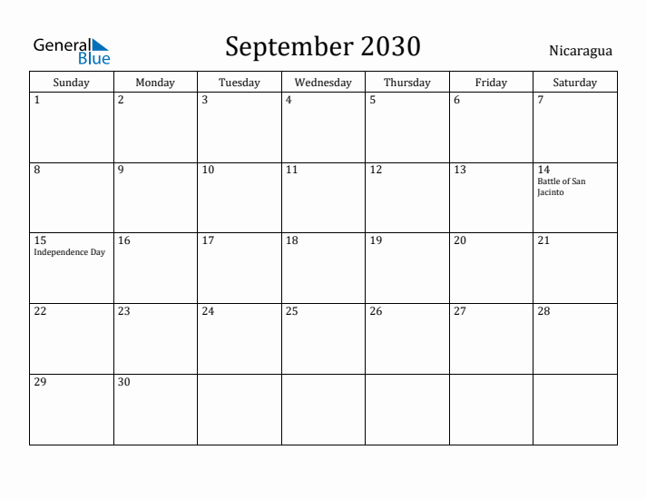 September 2030 Calendar Nicaragua