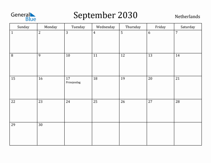 September 2030 Calendar The Netherlands