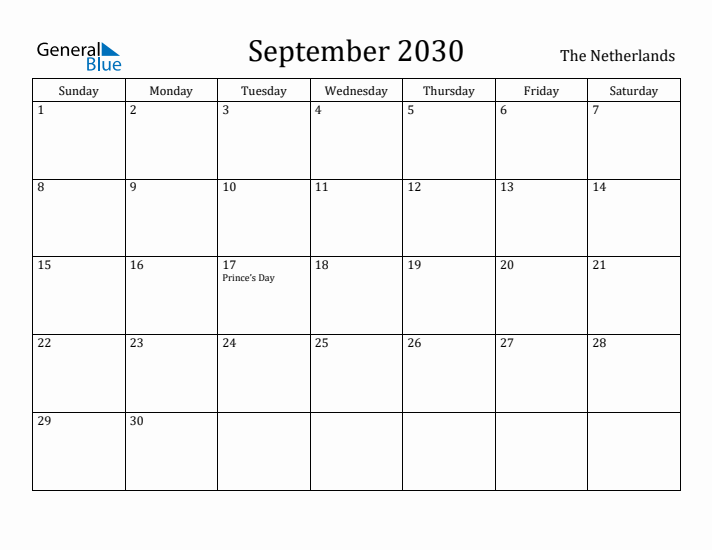 September 2030 Calendar The Netherlands