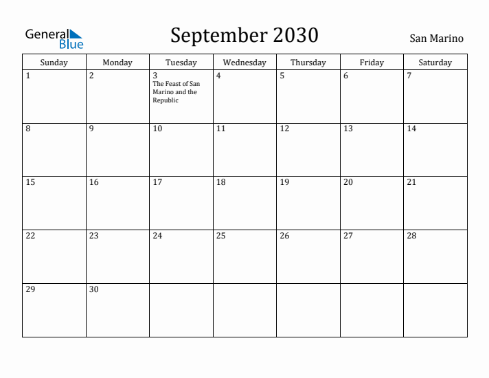 September 2030 Calendar San Marino