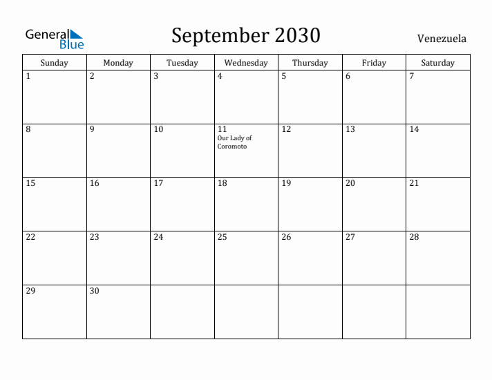 September 2030 Calendar Venezuela