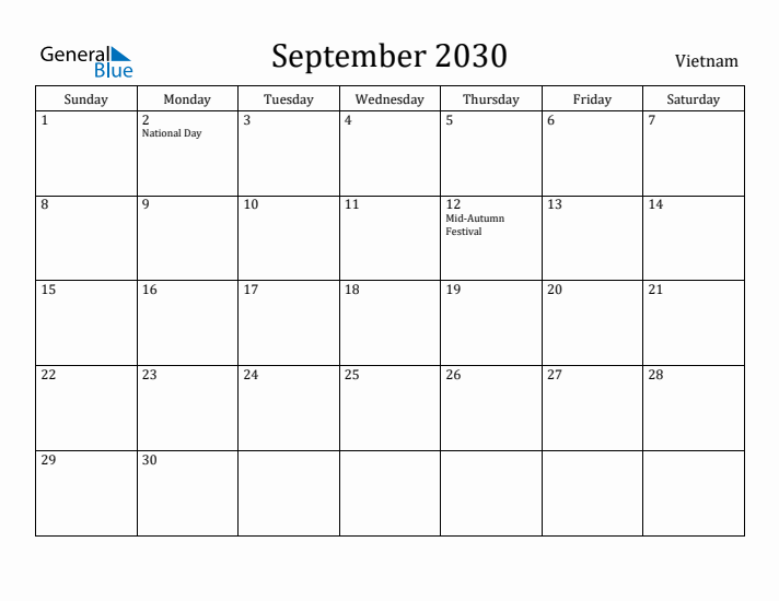 September 2030 Calendar Vietnam