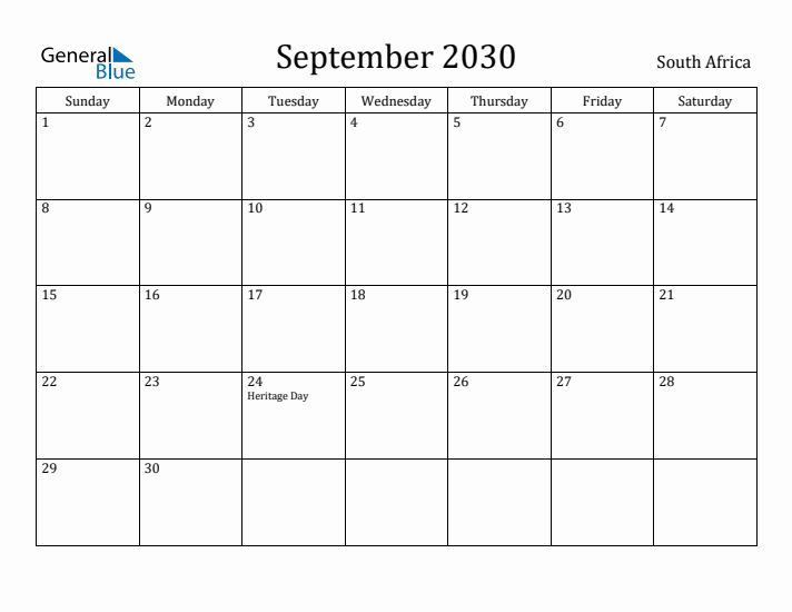 September 2030 Calendar South Africa