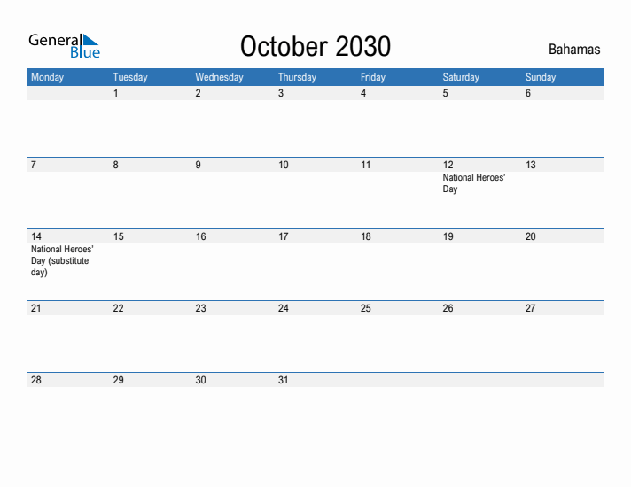 Fillable October 2030 Calendar