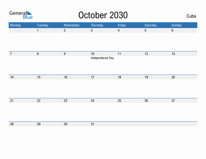 Fillable October 2030 Calendar