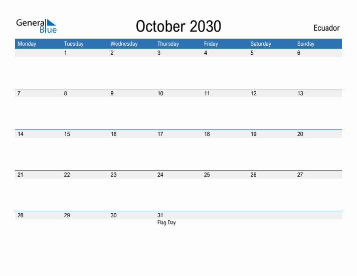Fillable October 2030 Calendar