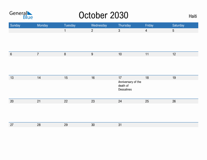 Fillable October 2030 Calendar