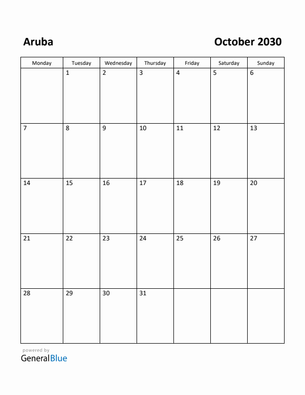 October 2030 Calendar with Aruba Holidays