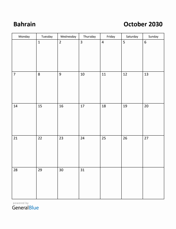 October 2030 Calendar with Bahrain Holidays