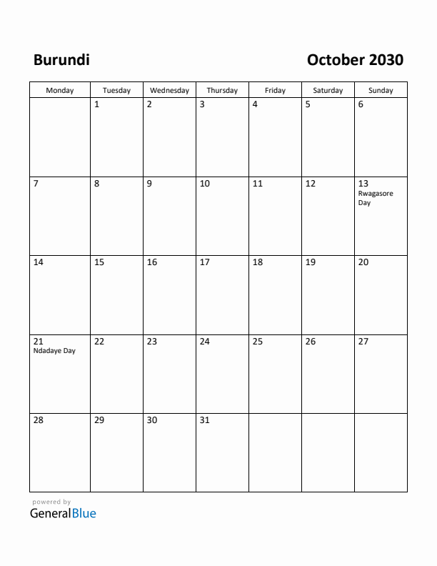 October 2030 Calendar with Burundi Holidays