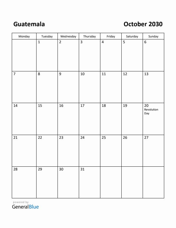October 2030 Calendar with Guatemala Holidays