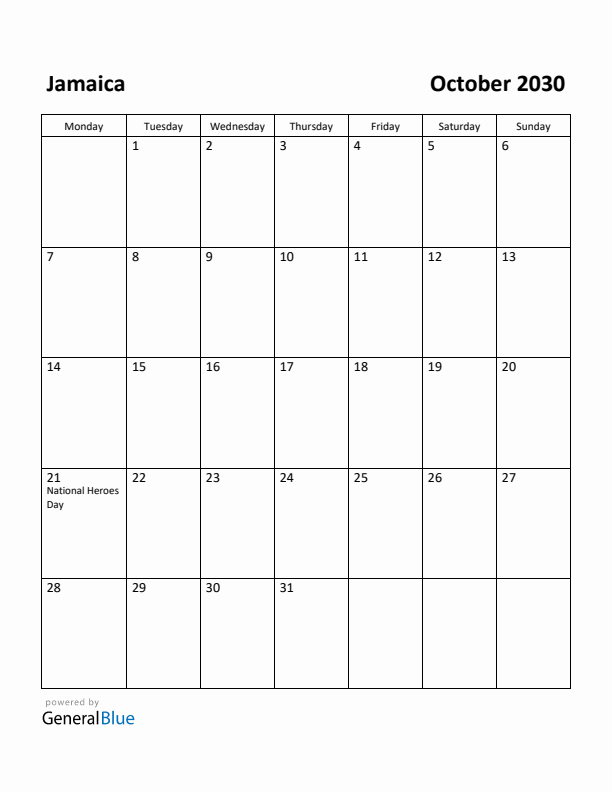 October 2030 Calendar with Jamaica Holidays