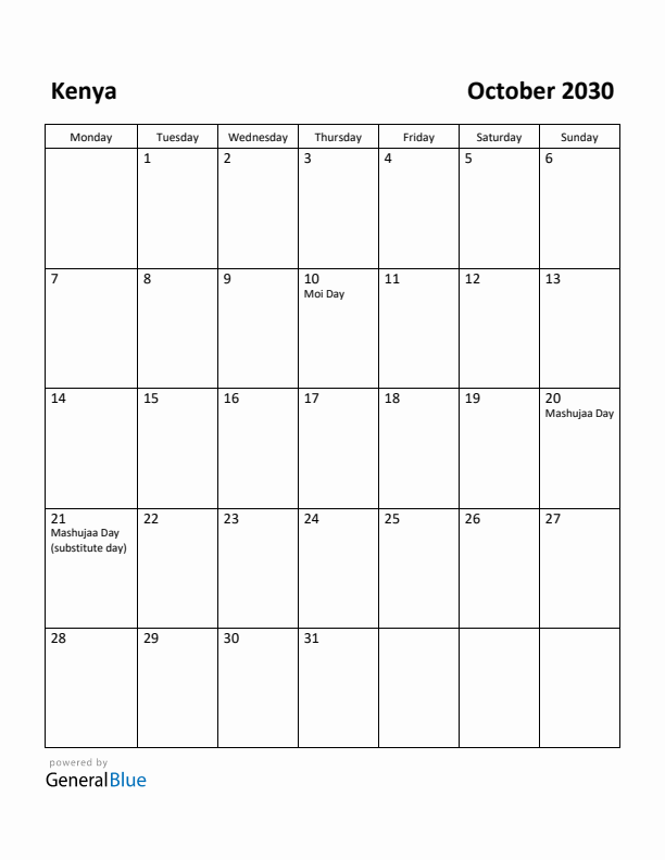October 2030 Calendar with Kenya Holidays