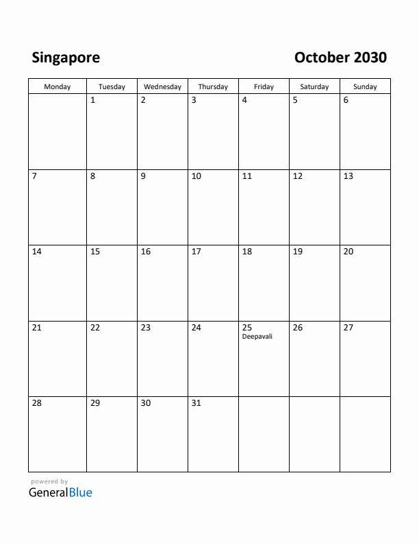 October 2030 Calendar with Singapore Holidays