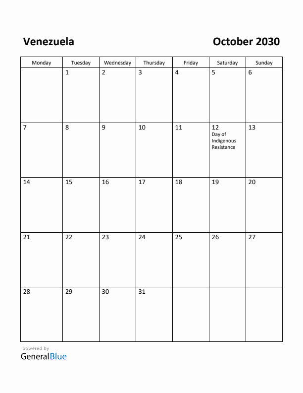 October 2030 Calendar with Venezuela Holidays