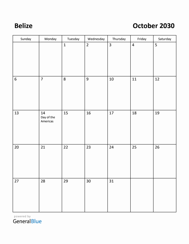 October 2030 Calendar with Belize Holidays